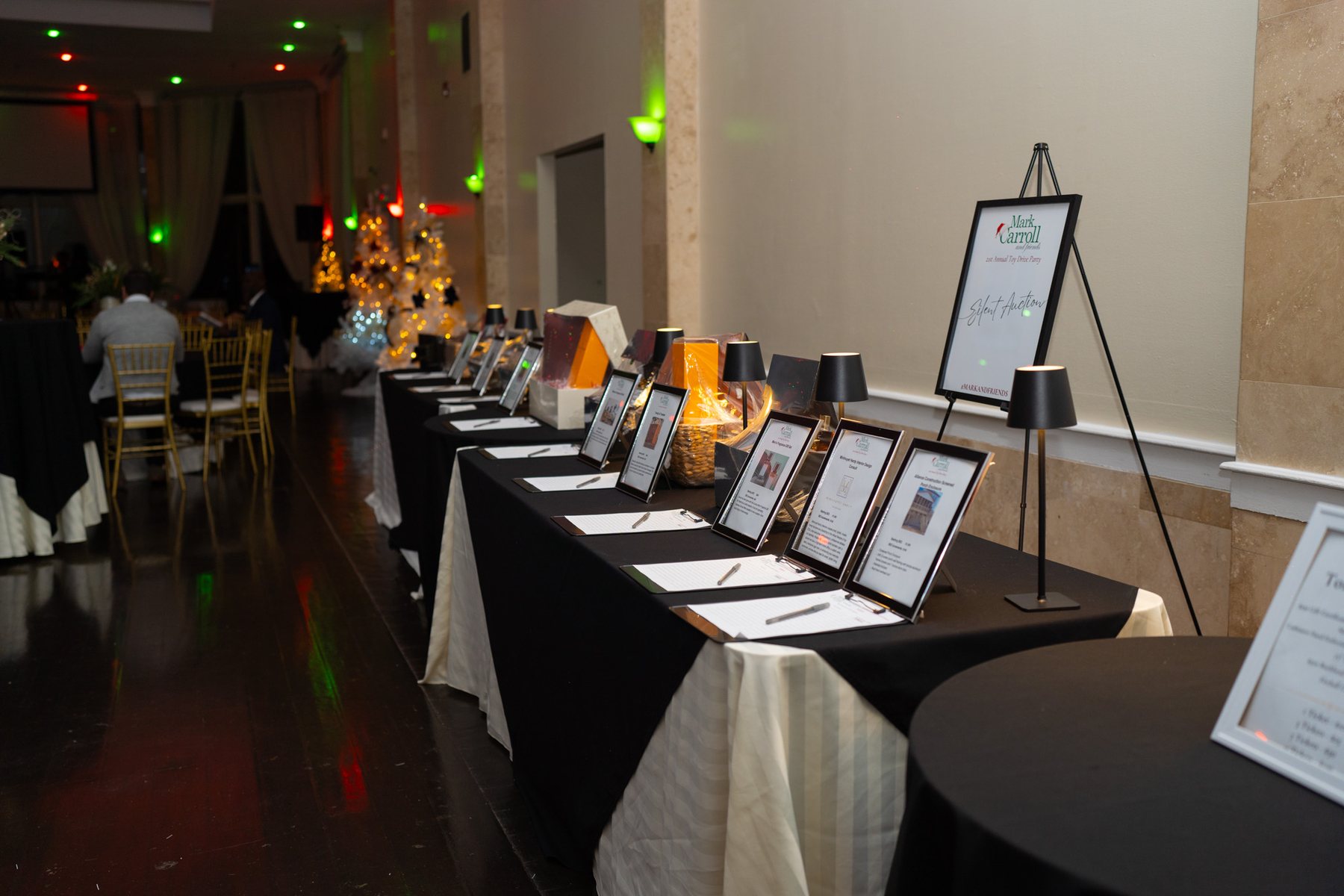 Silent auction display at a charity event